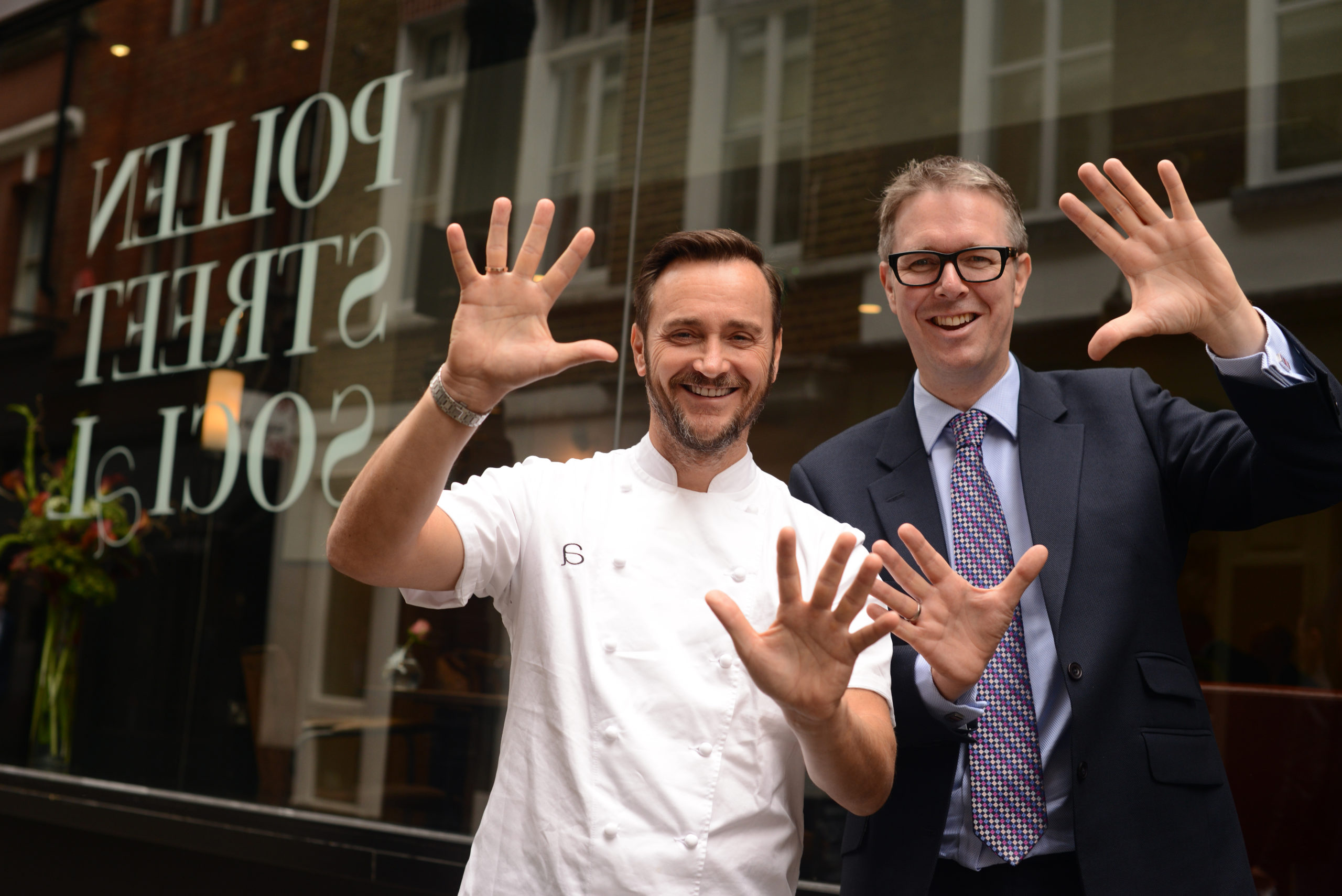 Alex Cheatle with Jason Atherton outside Pollen Street Kitchen